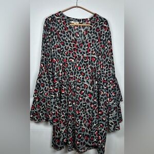 Umgee Gray and Red Animal Print Dress with 3/4 Length Bell Sleeves. Size Large.